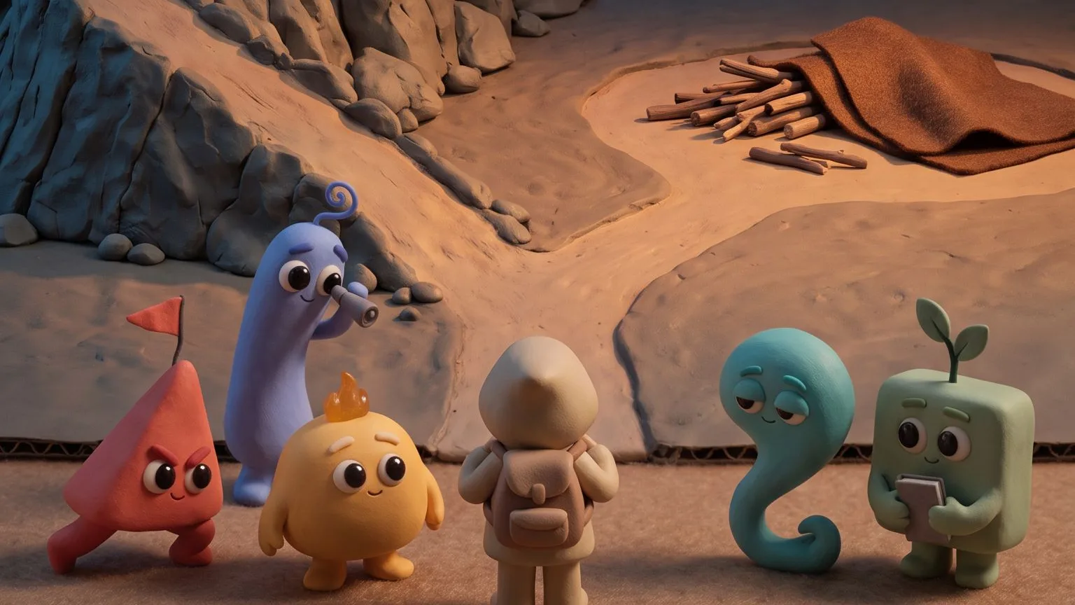 Clay diorama at dusk: a small beige traveler with a backpack stands in a row with five clay companions, a red triangle with a flag, a tall blue figure with a spyglass, a round yellow one with a flame, a teal swirl and a green block with a sprout. Behind them a sandy path runs past a rocky slope toward a pile of firewood and a brown blanket.