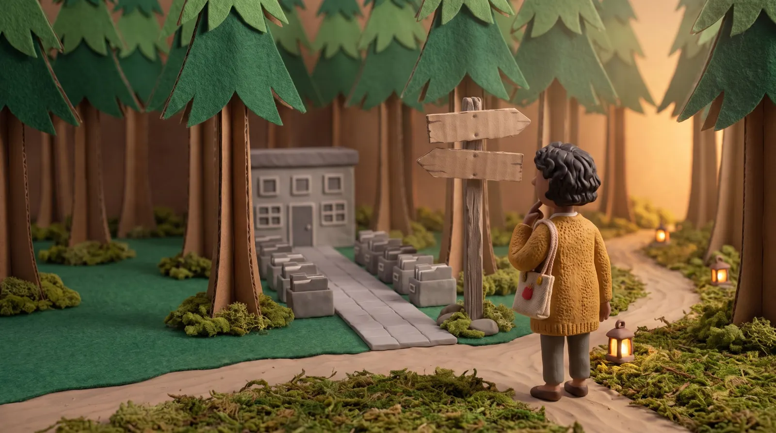 Uma figura de massinha de uma mulher de cardigã mostarda parada numa bifurcação de uma floresta de feltro. Um caminho leva a um escritório cinza cercado de arquivos, o outro segue entre pequenas lanternas.