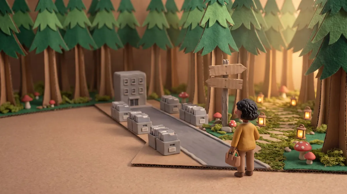 Diorama de massinha de uma bifurcação numa floresta de feltro: uma estrada asfaltada até um escritório cinza à esquerda, uma trilha de pedras com lanternas à direita.