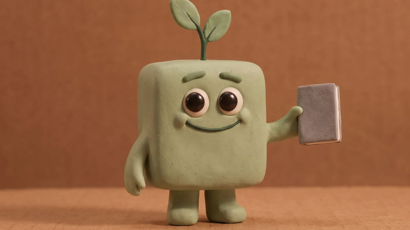 A green clay block with a two-leaf sprout on top smiles and holds up a small grey notebook, standing on a cardboard floor.