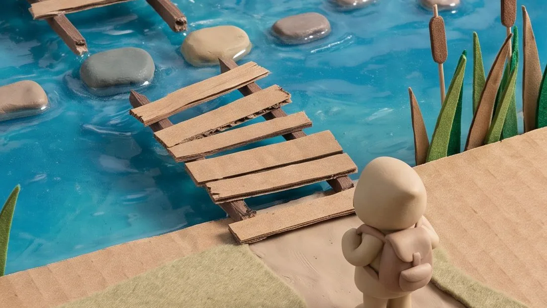 Clay diorama: a wooden plank bridge crosses a bright blue stream in two halves, with flat stepping stones in the water and tall reeds on the bank. A small beige traveler with a backpack waits at the near end, at the right edge of the frame.