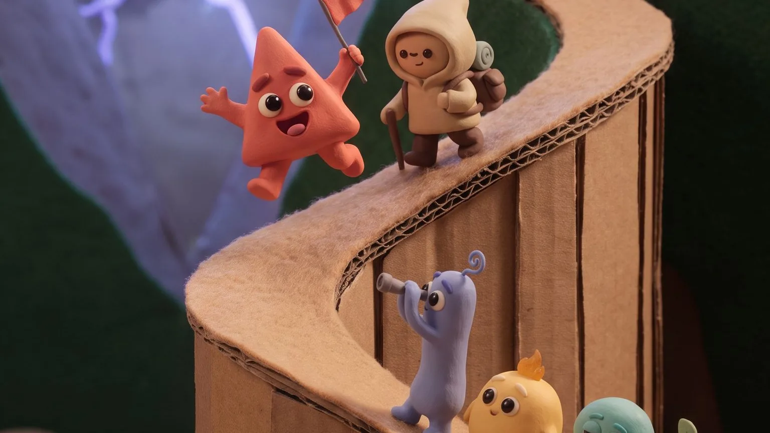Clay and cardboard diorama in a storm: a small traveler in a hooded coat with a walking stick climbs a winding cardboard path, beside a red triangle waving a flag. Below, a tall blue companion looks up through a spyglass and a round yellow one with a flame follows.