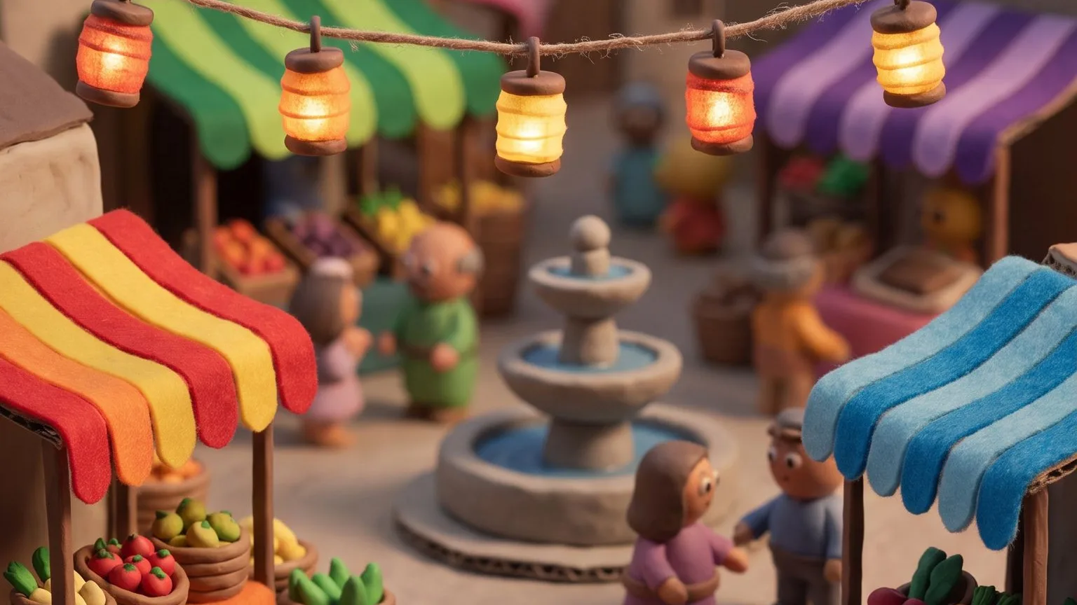 Clay diorama of a busy market square under strings of glowing paper lanterns: striped stalls of fruit and vegetables, a stone fountain in the middle, and small clay townspeople talking in pairs.