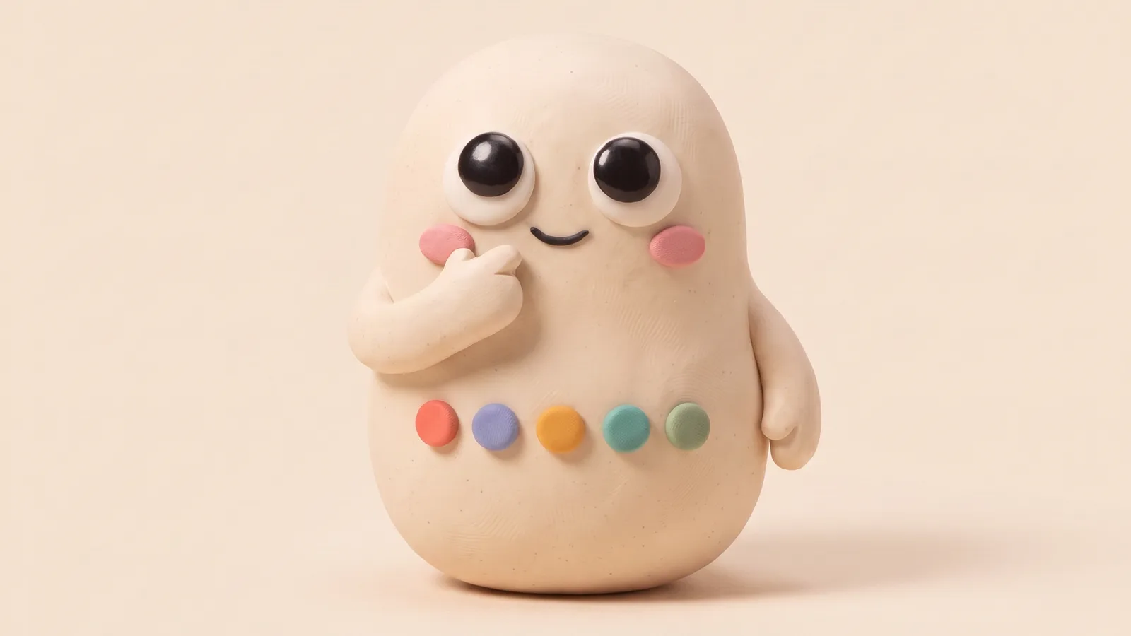 Lu, Tipolu's cream clay mascot, rests a hand on its chin and looks up, thinking, with five colored dots across its belly, on a plain cream background.